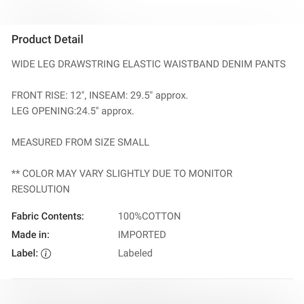 Zenana Wide Leg Denim Pants Drawstring Elastic Waist High Rise Medium NWT - Picture 12 of 13
